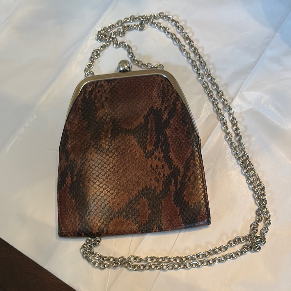 Saks Fifth Avenue Snake print Leather long Crossbody Chain ball hinge close Bag